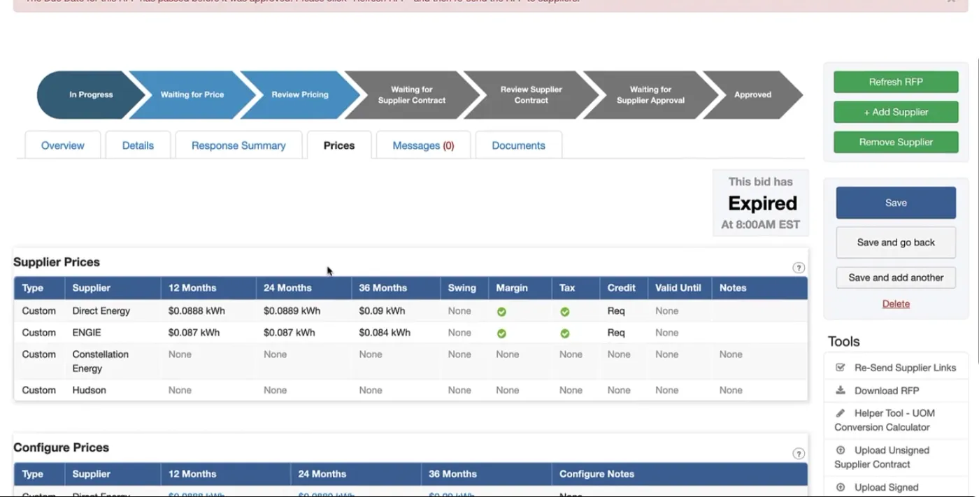 Request for proposal workflow screen